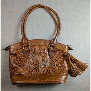 Patricia Nash Hand Tooled Leather Satchel Brown Paisley Boho Tassel Purse 12x10